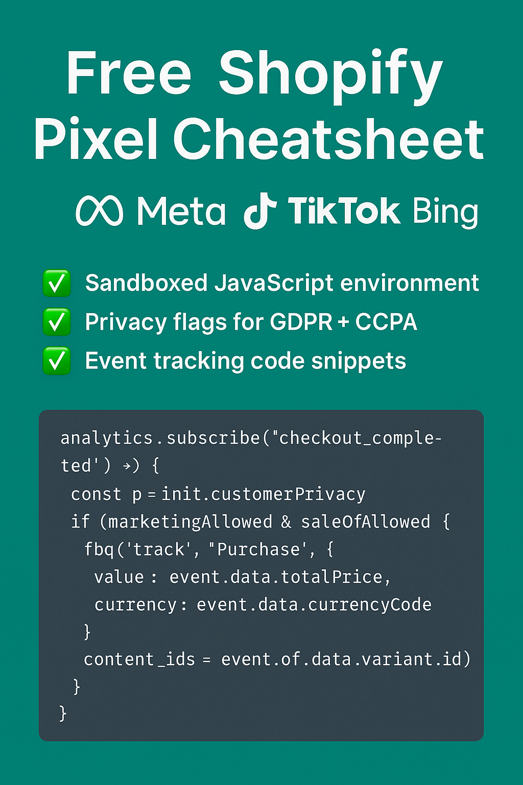 Shopify Custom Pixel Cheatsheet: Copy-Paste Snippets for Meta, TikTok & Bing (Free)